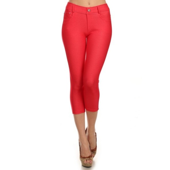 Women's Skinny Capri Jeggings Stretchy Solid Red - Picture 2 of 6